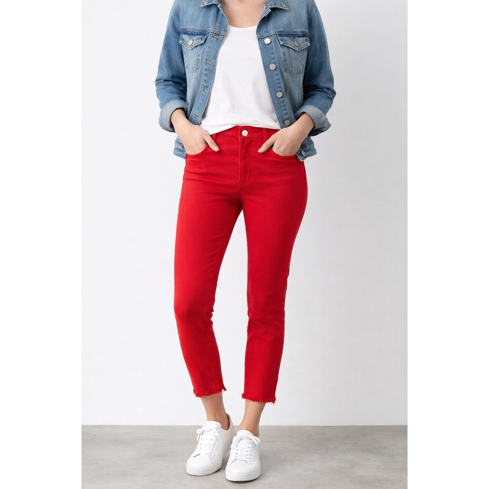Jen7 by 7 For All Mankind Red Skinny Jeans‎ Raw Hem Ankle Size 8 High Rise
